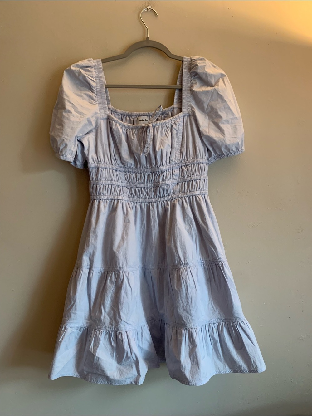 Sunday Best Pale Blue Off-Shoulder Tie Detail Mini Dress Cotton Women Size S